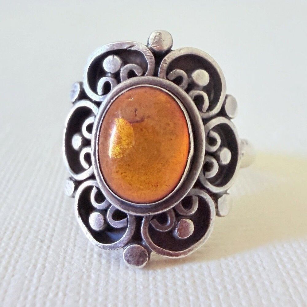 Vintage Sterling Silver Amber Ring Size 5.75